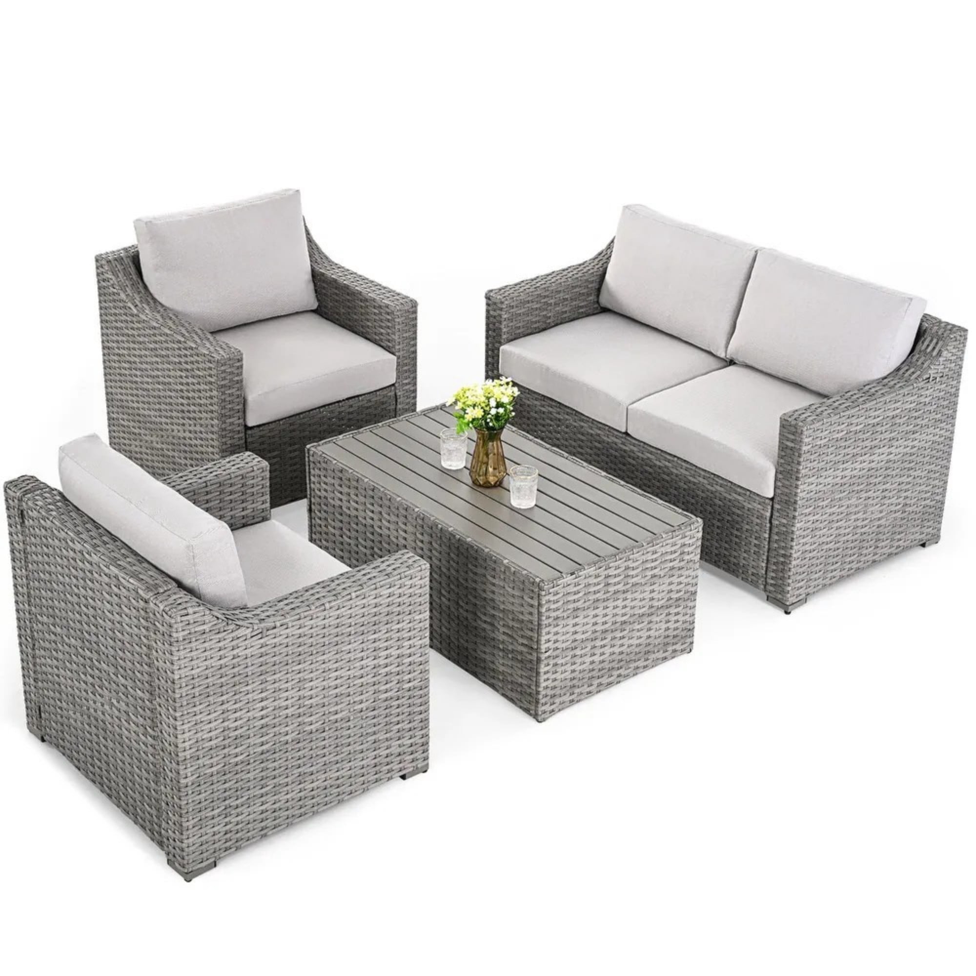 4 Piece Patio Furniture Set Outdoor Wicker Rattan Sofa Set with Loveseat Chairs Wood Coffee Table Cushioned Seating for Backyard Porch Garden (Gray/Beige)