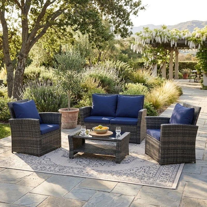 4-Piece Patio Furniture Set, Outdoor Wicker Sectional Sofa Set with Tempered Glass Coffee Table, Outdoor Conversation Set for Backyard Garden