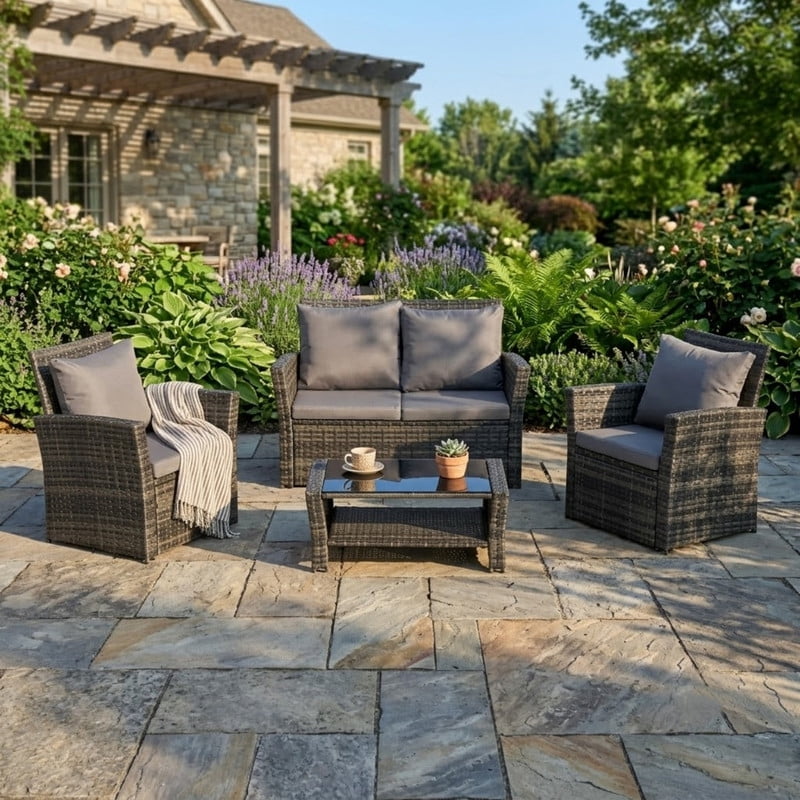 4-Piece Patio Furniture Set, Outdoor Wicker Sectional Sofa Set with Tempered Glass Coffee Table, Outdoor Conversation Set for Backyard Garden