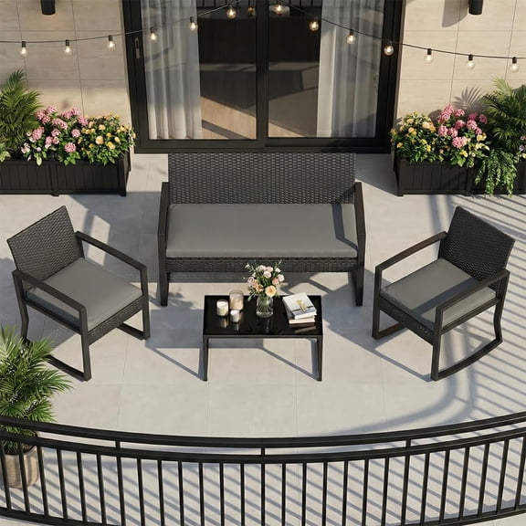 4 Piece Patio Furniture Set, PE Rattan Outdoor Rocking Chair Conversation Set with Coffee Table, Wicker Patio Table and Chairs for Porch, Backyard, Grey/Beige