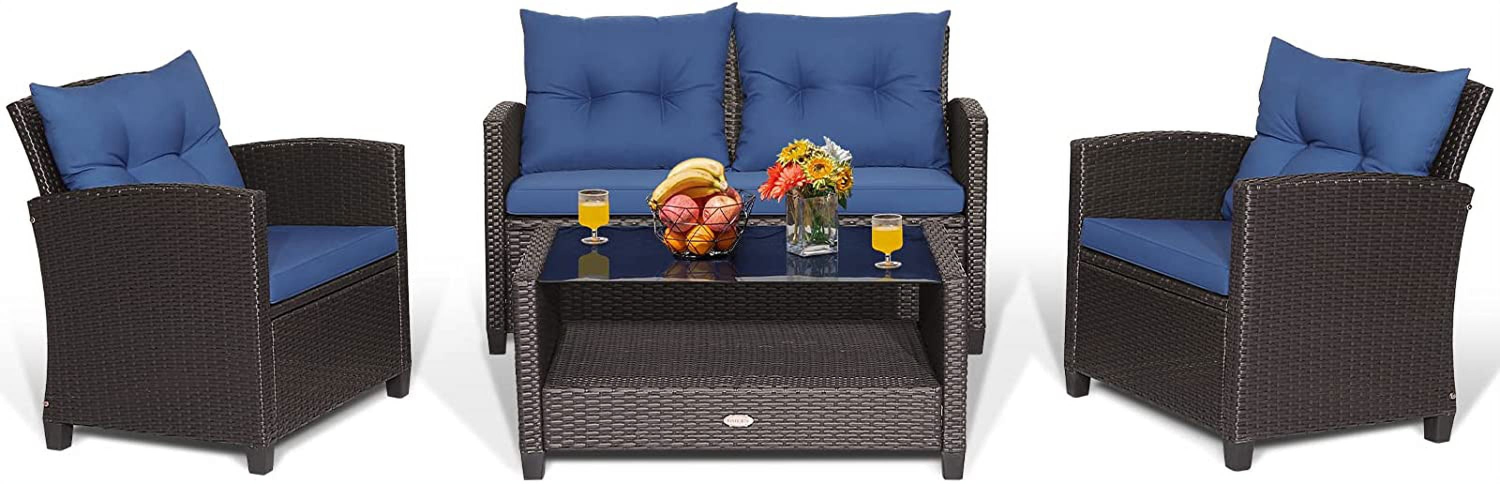 4Piece Patio Furniture Set Rattan Wicker Chair Set with 1 Loveseat 2 Single Sofas 1 Coffee