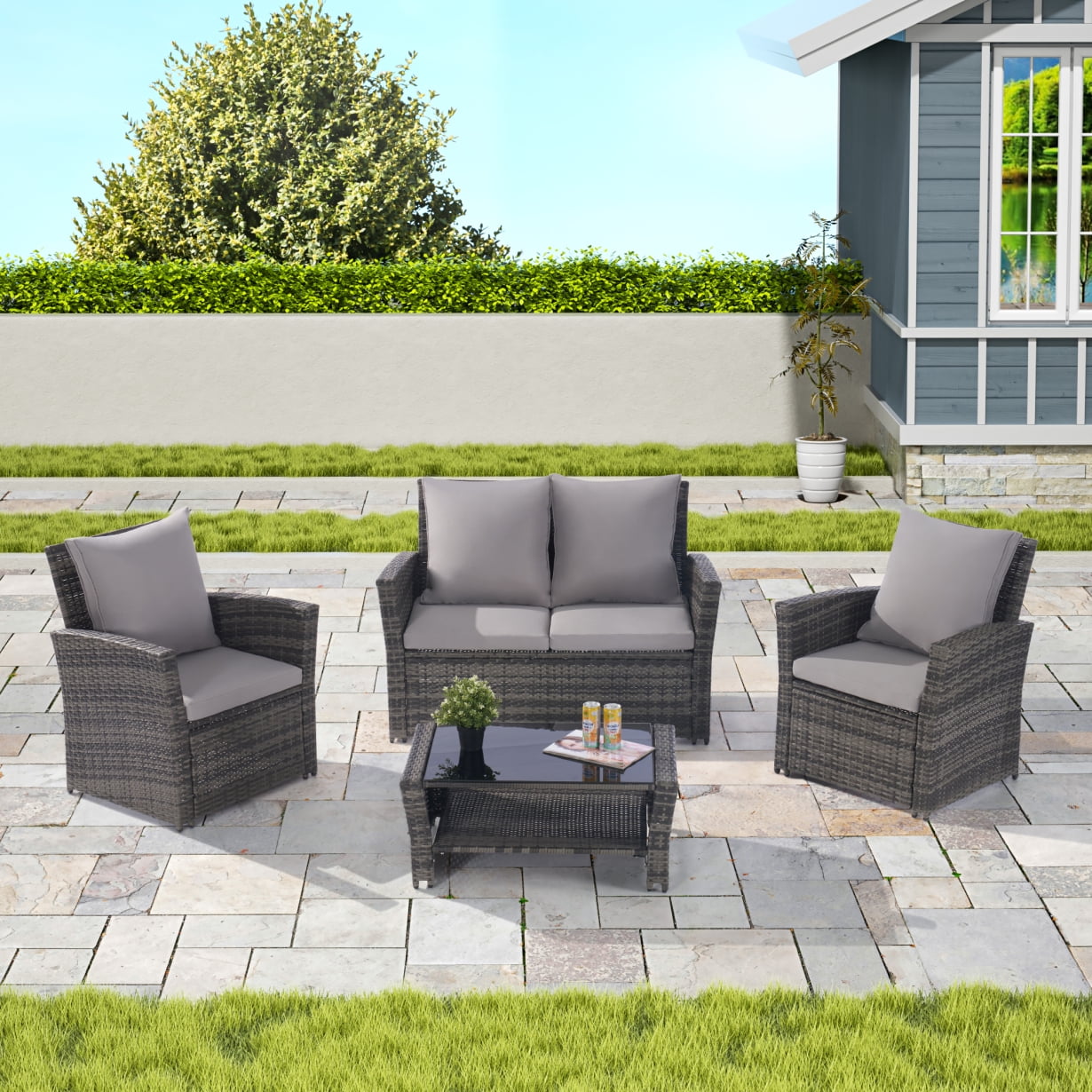 4 Piece Patio Furniture Set, Rattan Wicker Conversation Set with ...