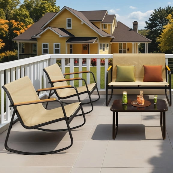 4-Piece Patio Furniture Set,Textilene Outdoor Conversation Set with Chairs and Glass Coffee Table for Backyard,Poolside,Porch - Beige