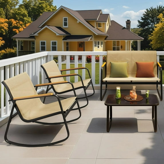 Jolifa 4-Piece Patio Furniture Set, Textilene Outdoor Conversation Set with Chairs and Glass Coffee Table, Beige