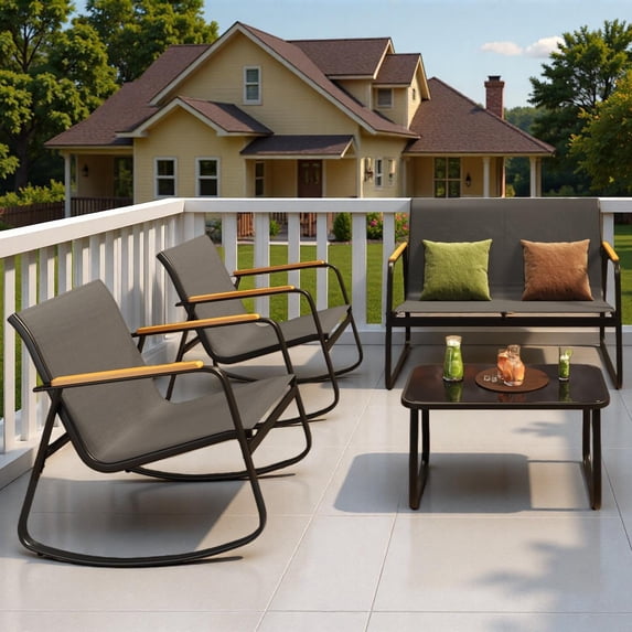 Jolifa 4-piece black metal patio furniture set with rocking chairs, Textilene fabric, and coffee table
