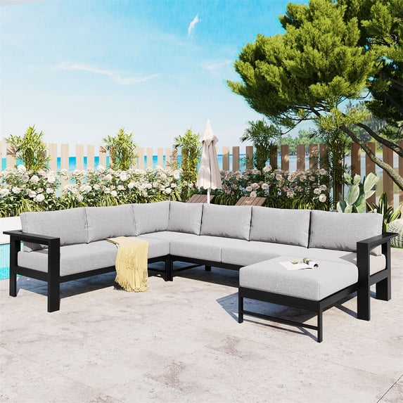 4 Piece Patio Furniture Set, U-Shaped Multi-Person Outdoor Patio Sectional Sofa Set with Pillows and Cushions, 6- Seat Patio Conversation Furniture Set for Garden Backyard Balcony