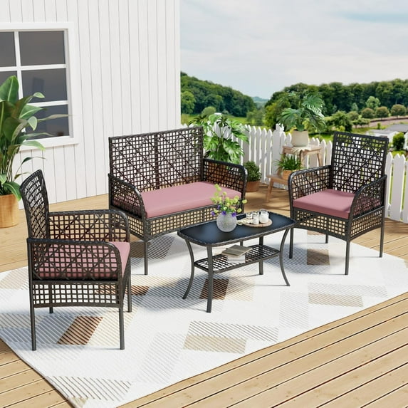 4-Piece Patio Furniture Set, Weather-Resistant Rattan Patio Conversation Set with Two-Tier Coffee Table, Upholstered Openwork Wicker Furniture for Porch, Garden, Lawn, Red