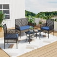 thumbnail image 1 of 4-Piece Patio Furniture Set, Weather-Resistant Rattan Patio Conversation Set with Two-Tier Coffee Table, Upholstered Openwork Wicker Furniture for Porch, Garden, Lawn, Blue, 1 of 17