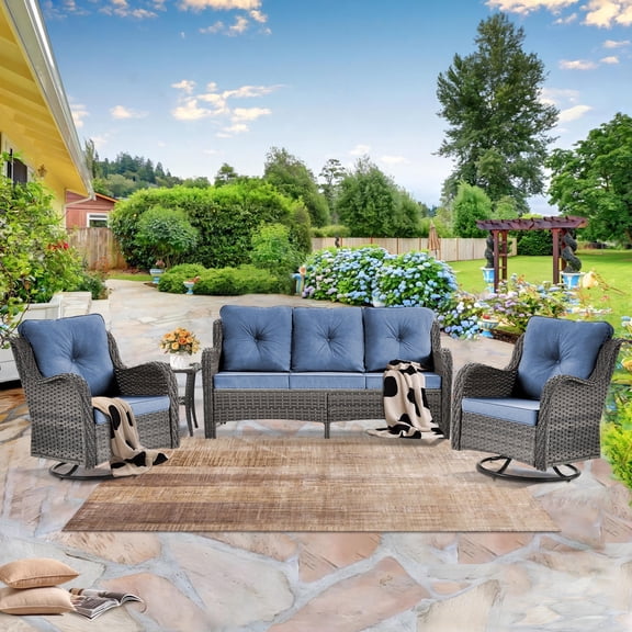 4 Piece Patio Furniture Set Wicker Outdoor Furniture Set-Wicker Swivel Rocker Patio Chairs Set with Wicker Outdoor Couch, Swivel Glider Chairs and Outside Side Table, Outdoor Patio Furniture Set