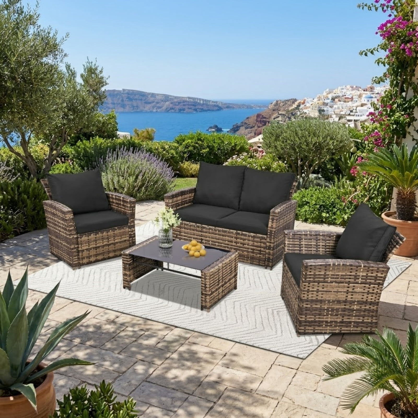 4-Piece Patio Furniture Set, Wicker Outdoor Rattan Sectional Sofa with Cushions and Glass Coffee Table, All-Weather Outdoor Conversation Set for Garden, Porch, Backyard