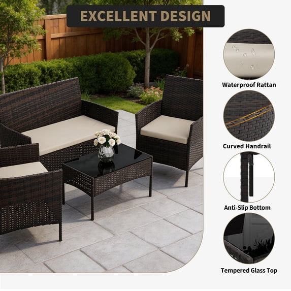 4-Piece Patio Furniture Set, Wicker Rattan Outdoor Conversation Set with Loveseat, 2 Chairs & Glass Coffee Table, Cushioned Seating for Backyard, Balcony, Porch