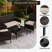 4-Piece Patio Furniture Set, Wicker Rattan Outdoor Conversation Set with Loveseat, 2 Chairs & Glass Coffee Table, Cushioned Seating for Backyard, Balcony, Porch