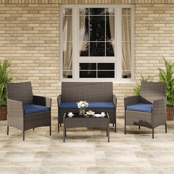 4-Piece Patio Furniture Set, Wicker Rattan Outdoor Conversation Set with Loveseat, 2 Chairs & Glass Coffee Table, Cushioned Seating for Backyard, Balcony, Porch