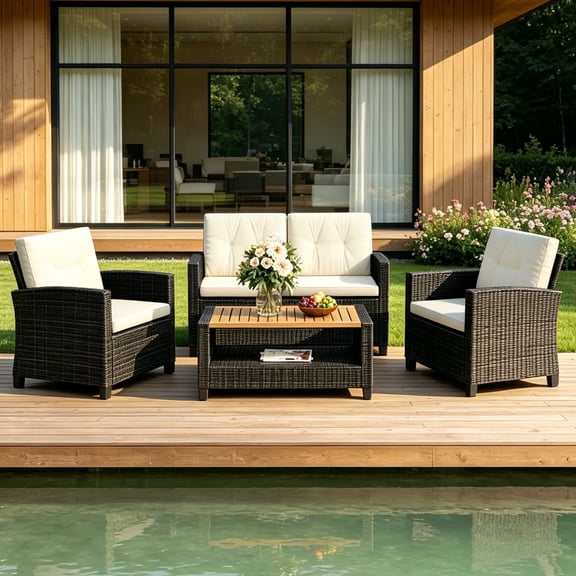 Heynemo 4-Piece Patio Furniture Set with 2-Tier Coffee Table, Outdoor Rattan Conversation Set with Cushion & Wood Table Top for Porch Balcony Backyard Deck,Beige