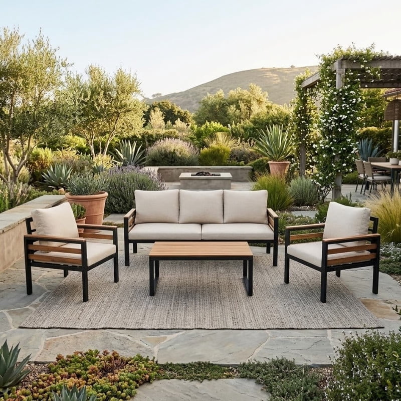 4-Piece Patio Furniture Set with Removable Cushion and Solid Wood Coffee Table, Outdoor Conversation Set with Acacia Wood Armrests & 3-Seat Sofa