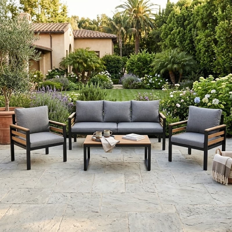 4-Piece Patio Furniture Set with Removable Cushion and Solid Wood Coffee Table, Outdoor Conversation Set with Acacia Wood Armrests & 3-Seat Sofa