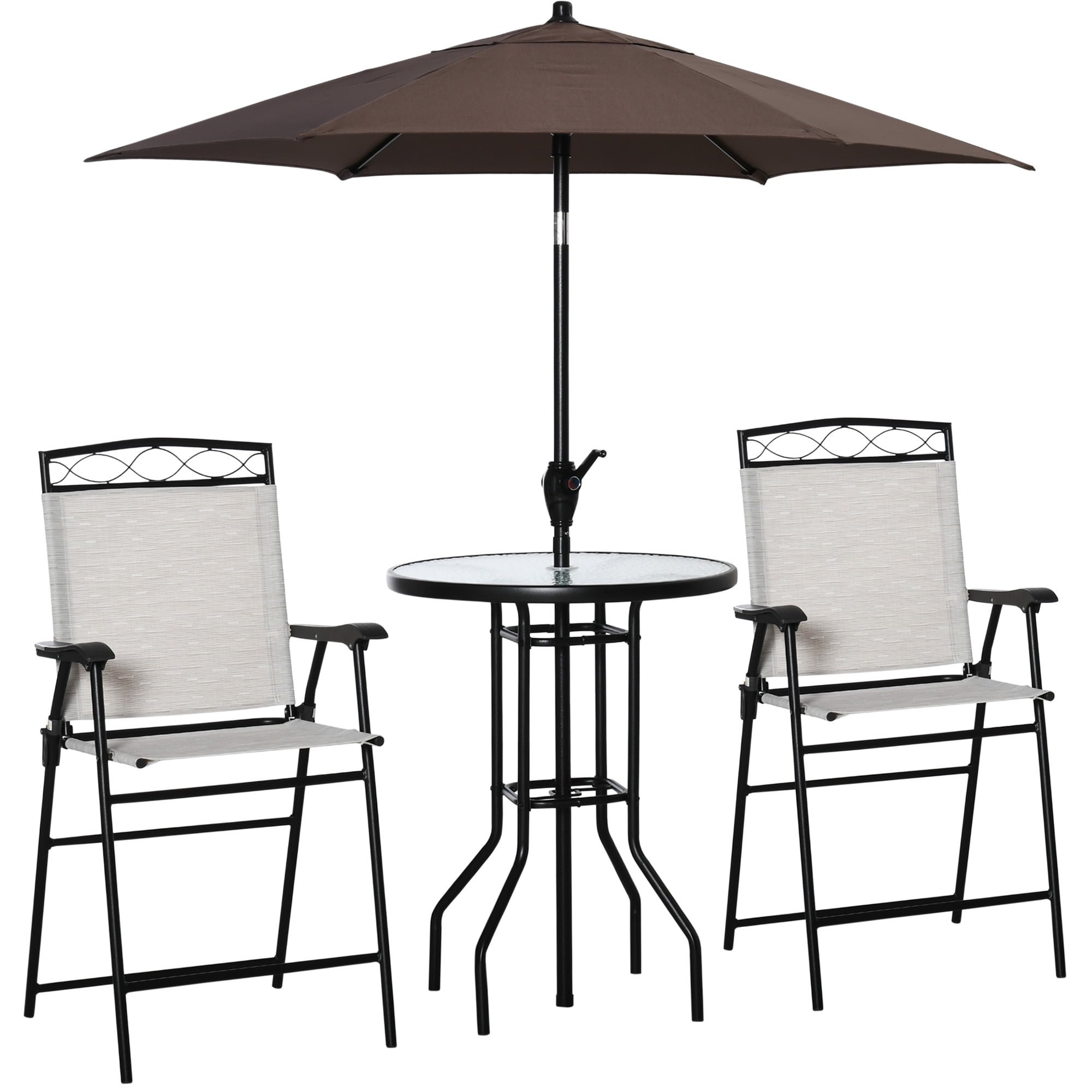 4 Piece Patio Furniture Set with Umbrella,Outdoor Patio Dining Set with 2 Folding Chairs and Tempered Glass Dining Table,Beige