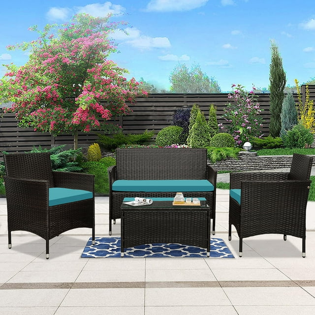 4-Piece Patio Furniture Sets in Patio & Garden, Outdoor Wicker Sofa PE Rattan Chair Garden Conversation Set for Backyard with Two Single Sofa, One Loveseat, Tempered Glass Table, Q16404