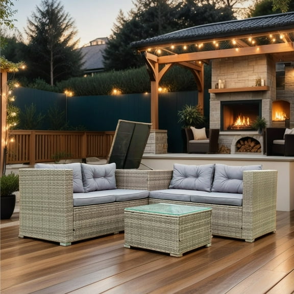 4 Piece Patio Furniture Sets with Glass Table, Rattan Patio Seating Sofa with Storage Box and Thick Cushion, All-Weather Outdoor Wicker Sectional Conversation Sofa for Porch Poolside Backyard Garden
