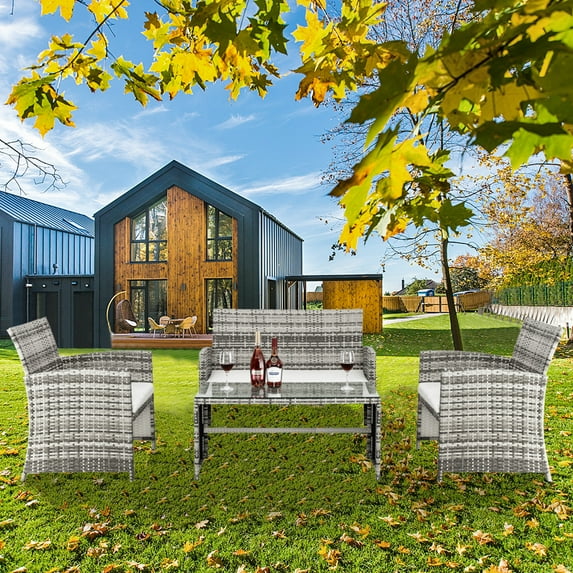 4-Piece Patio Furniture Sets, Outdoor Wicker Furniture with Two Single Sofa, One Loveseat, Tempered Glass Table, Outdoor Garden Cushioned Seat PE Rattan Sofa Set, Bistro Table Set for Poolside, Q8606