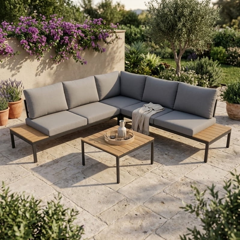 4-Piece Patio Furniture Sofa Set with Coffee Tables and Cushions, Modern L-Shaped Outdoor Sectional Sofa Set with Side Storage for Garden, Backyard, Poolside