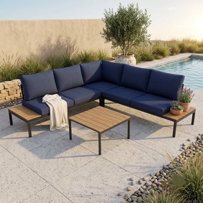 4-Piece Patio Furniture Sofa Set with Coffee Tables and Cushions, Modern L-Shaped Outdoor Sectional Sofa Set with Side Storage for Garden, Backyard, Poolside