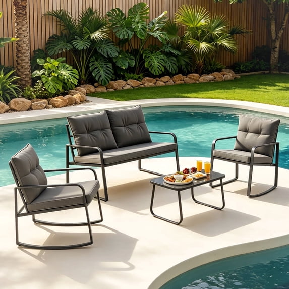 4 Piece Patio Outdoor Furniture Sets, Bistro Table Set with Rocking Chairs Loveseat with Cushions & Backrests for Backyard Porch Lawn, Gray