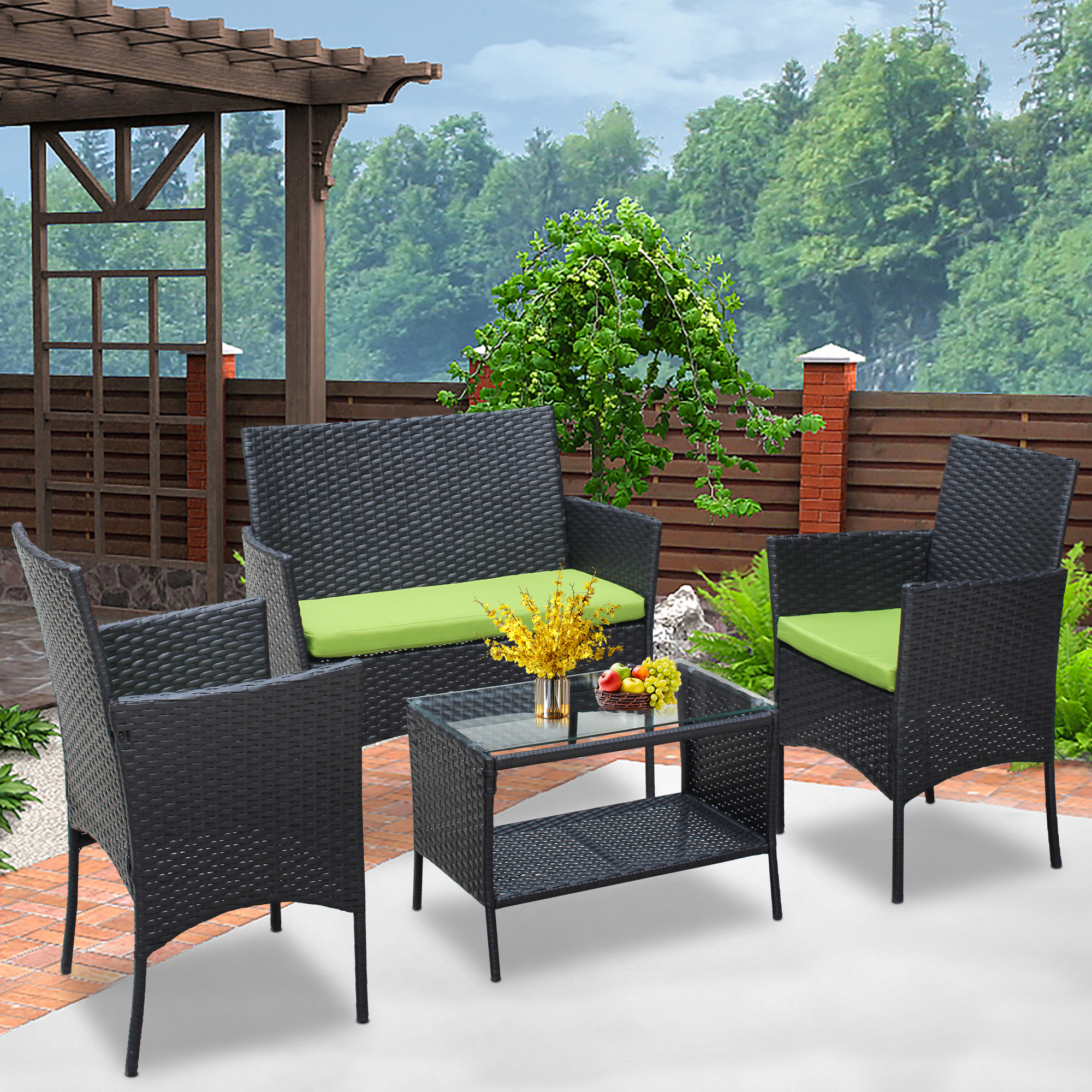 4-Piece Patio Outdoor Rattan Chair, Bistro Table Conversation Set, with Soft Cushion & Glass Table, Patio Rattan Conversation Furniture Set, Leisure Furniture Set for Garden Backyard Balcony, T194 - image 1 of 8