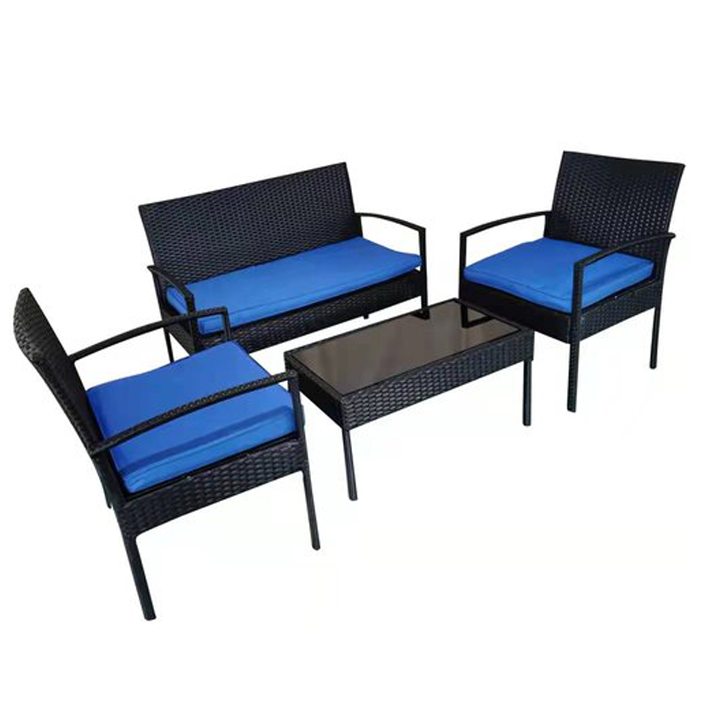 4 Piece Patio Porch Furniture Set, Outdoor Rattan Patio Furniture Sets, Patio Conversation Sets, Porch Deck Furniture, Wicker Patio Chairs and Table, Blue - image 1 of 6