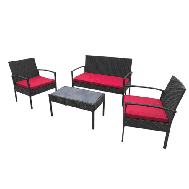 4 Piece Patio Porch Furniture Set, Outdoor Rattan Patio Furniture Sets, Patio Conversation Sets, Porch Deck Furniture, Wicker Patio Chairs and Table, Red