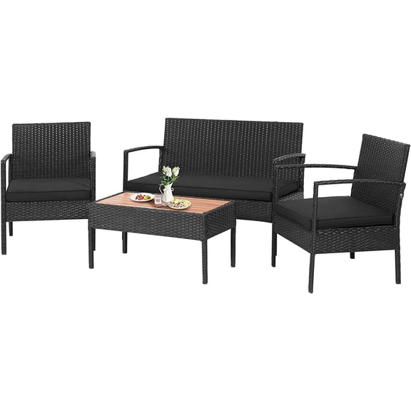 4 Piece Patio Rattan Conversation Set, Outdoor Wicker Sofa Furniture with Loveseat & 2 Single Chairs, Acacia Wood Tabletop, Outside Sectional for Poolside, Deck, Garden (1, Black)