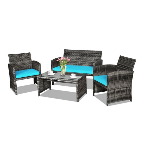 4 Piece Patio Rattan Furniture Set - Outdoor Loveseat Sofa Set with Coffee Table - Red/Turquoise/Black - Garden, Backyard, Balcony