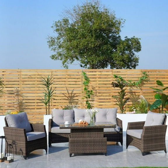 4-Piece Patio Rattan Sofa Set with Adjustable Lifting Table