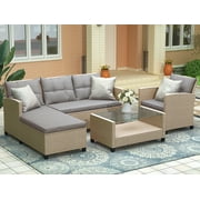 4 Piece Patio Sectional Sofa Set, Outdoor Conversation Set, All-Weather Wicker Sectional Seating Group with Cushions & Coffee Table, Modern Furniture Couch Set for Patio Deck Garden Pool, Gray