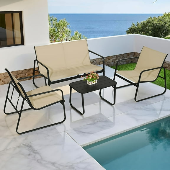 4-Piece Patio Set with Loveseat & Table. Features Lightweight, Water & UV-Resistant Textilene Fabric for Garden, Balcony, Poolside.