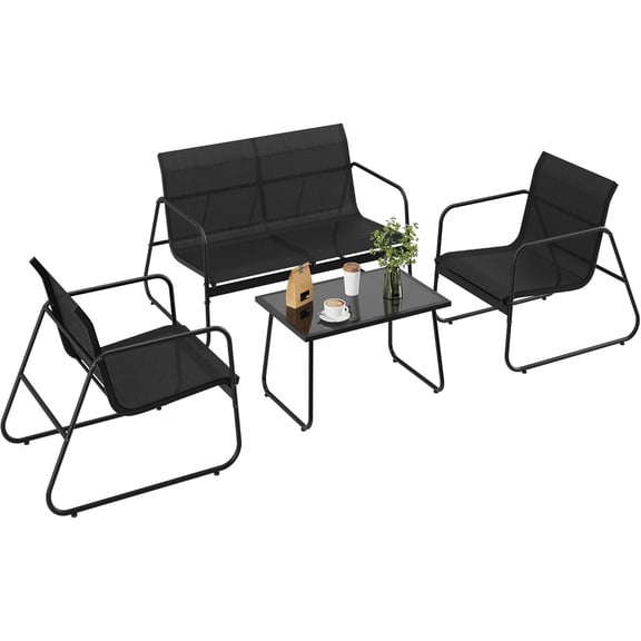 4 Piece Patio Textilene Conversation Set with 2 Chairs and Love Seat, Outdoor Conversation Set with Single Chairs and Glass Top Coffee Table for Backyard Porch Lawn Balcony, Black