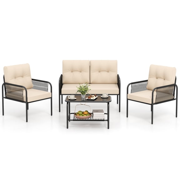 4 Piece Patio Wicker Sofa Set with Loveseat, Chairs and Coffee Table