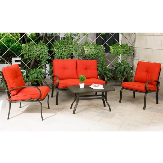4 Piece Patio Wrought Iron Furniture Set Brick Red