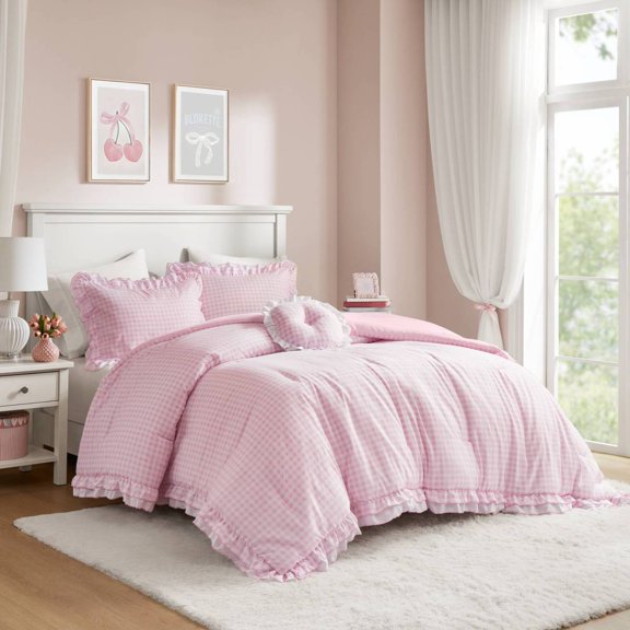 4-Piece Pink Gingham Ruffle Comforter Set - Full/Queen Size Brushed Microfiber Machine Washable