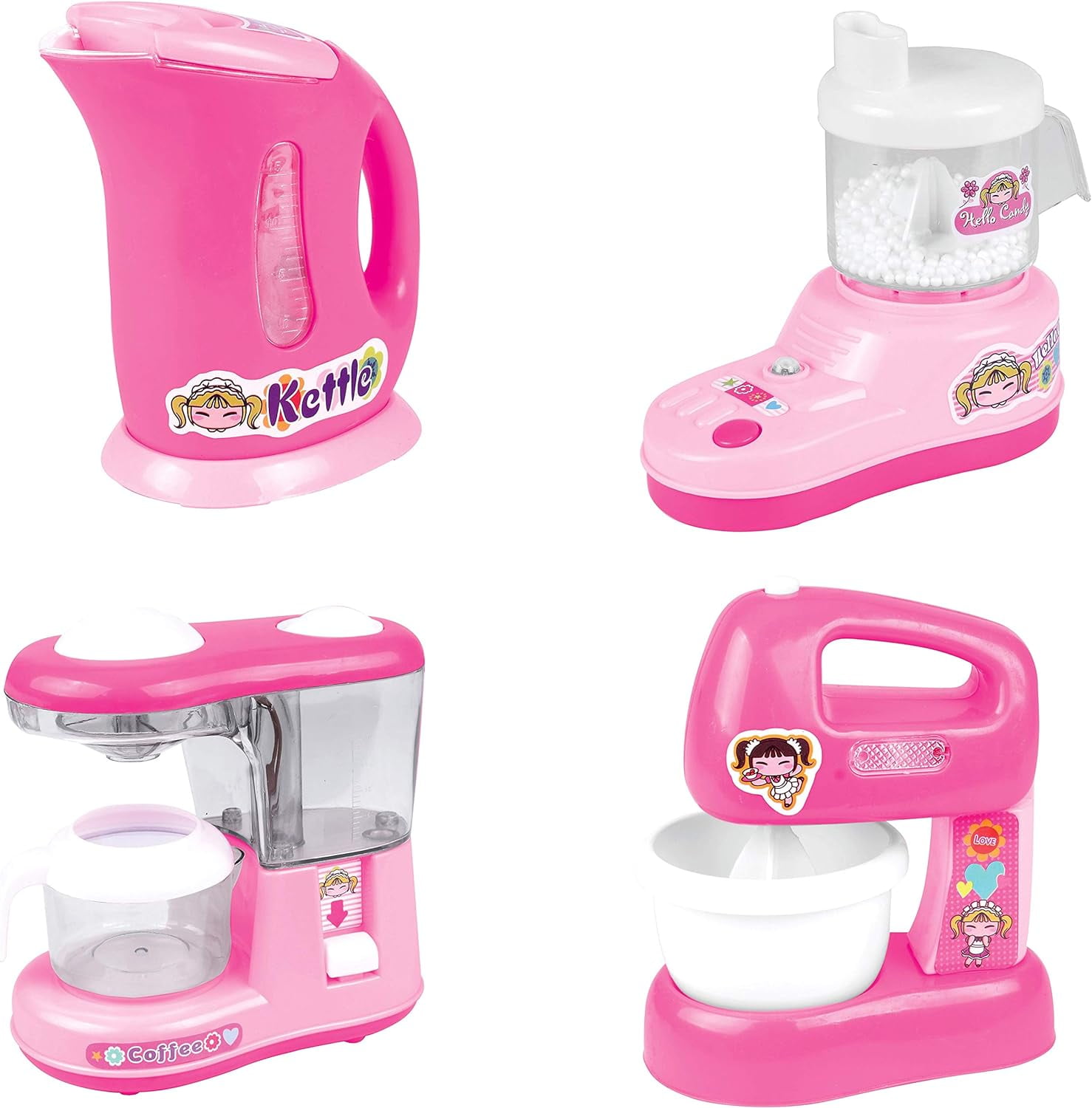 4 Piece Pink Kitchen Appliance Playset for Kids, Kettle, Juicer, Coffee