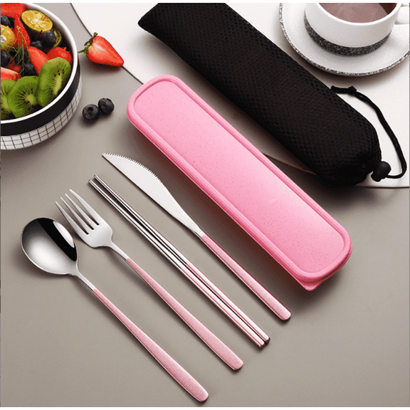 4-Piece Pink Portable Silverware Set with Case, 18/8 Stainless Steel Travel Utensils (Fork, Spoon, Knife, Chopsticks), Cute Reusable Flatware Kit for Lunch Box, School, College Dorm, Picnic & O