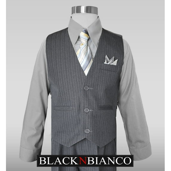 4 Piece Pinstripes Boys Vest Suit Tie with Grey Shirt