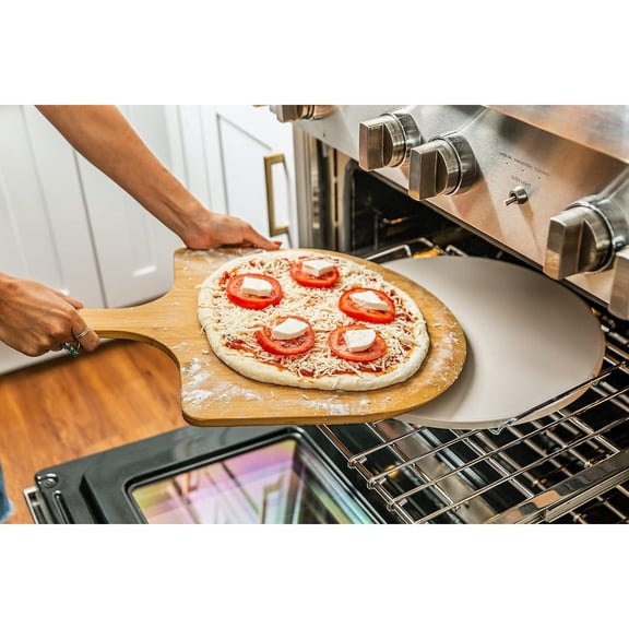 4-Piece Pizza Stone Set - 15" Baking Stone, 22" Bamboo Peel & Cutter Rocker - Large Stone for Grill and Oven