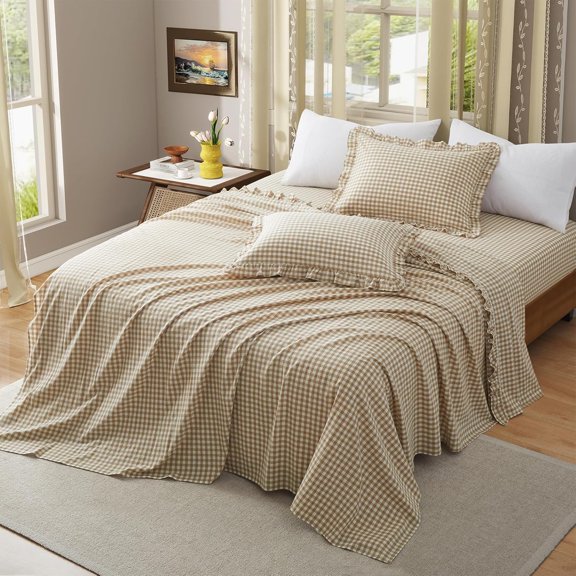 4-Piece Plaid Ruffle Queen Bed Sheet Set Cotton Gingham Taupe Deep Pocket