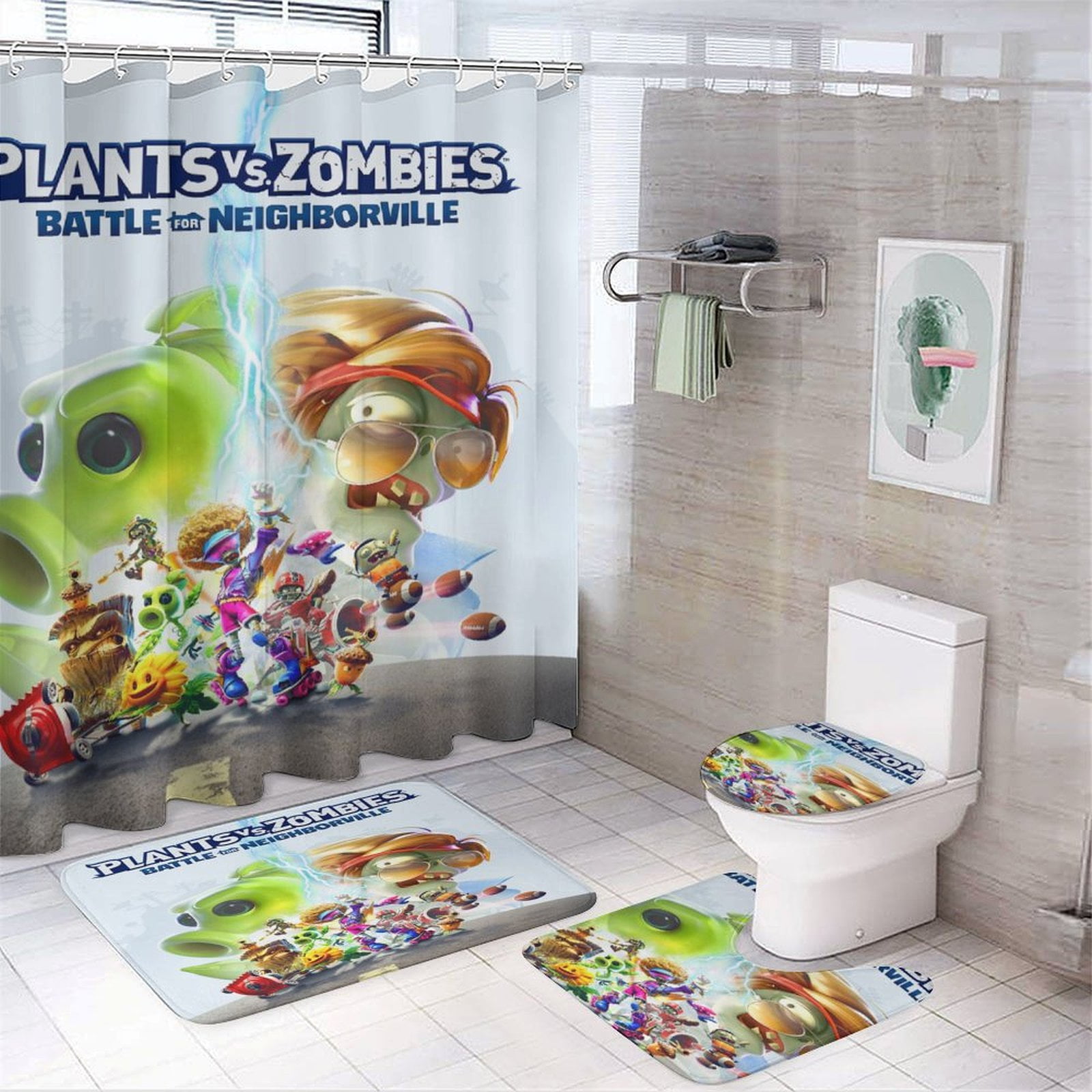 4 Piece Plants Vs Zombies Shower Curtain Sets, with 12 Hooks Non-Slip ...