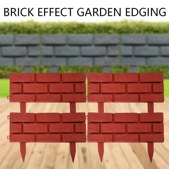 4-Piece Plastic Brick Effect Lawn Edging Fence, Gray, 11.4x17.7 Inch Garden Border Set