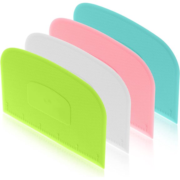 4 Piece Plastic Dough Scraper Bowl Scraper Flexible Multipurpose Food Scraper Plastic Dough Cutter for Bread Cake Dough Fondant Icing (White, Green, Blue, Pink)