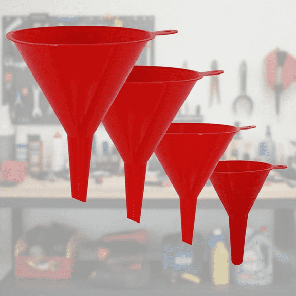 4-Piece Plastic Funnel Set for Kitchen, Automotive, and Lab Use - Mini, Small, Medium, Large Sizes for Bottles, Canning, Cooking, and Oil Changes (Red)
