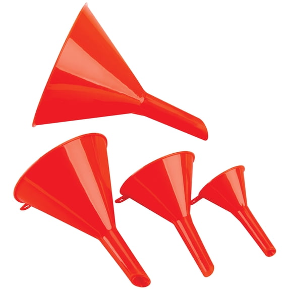 Performance Tool 1144 4-Piece Chemical-Resistant Funnel Set in Assorted Sizes for Fluid Transfer, Automotive, Home, Tapered - Red