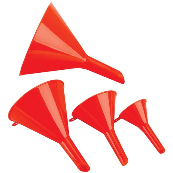 Performance Tool 1144 4-Piece Chemical-Resistant Funnel Set in Assorted Sizes for Fluid Transfer, Automotive, Home, Tapered - Red